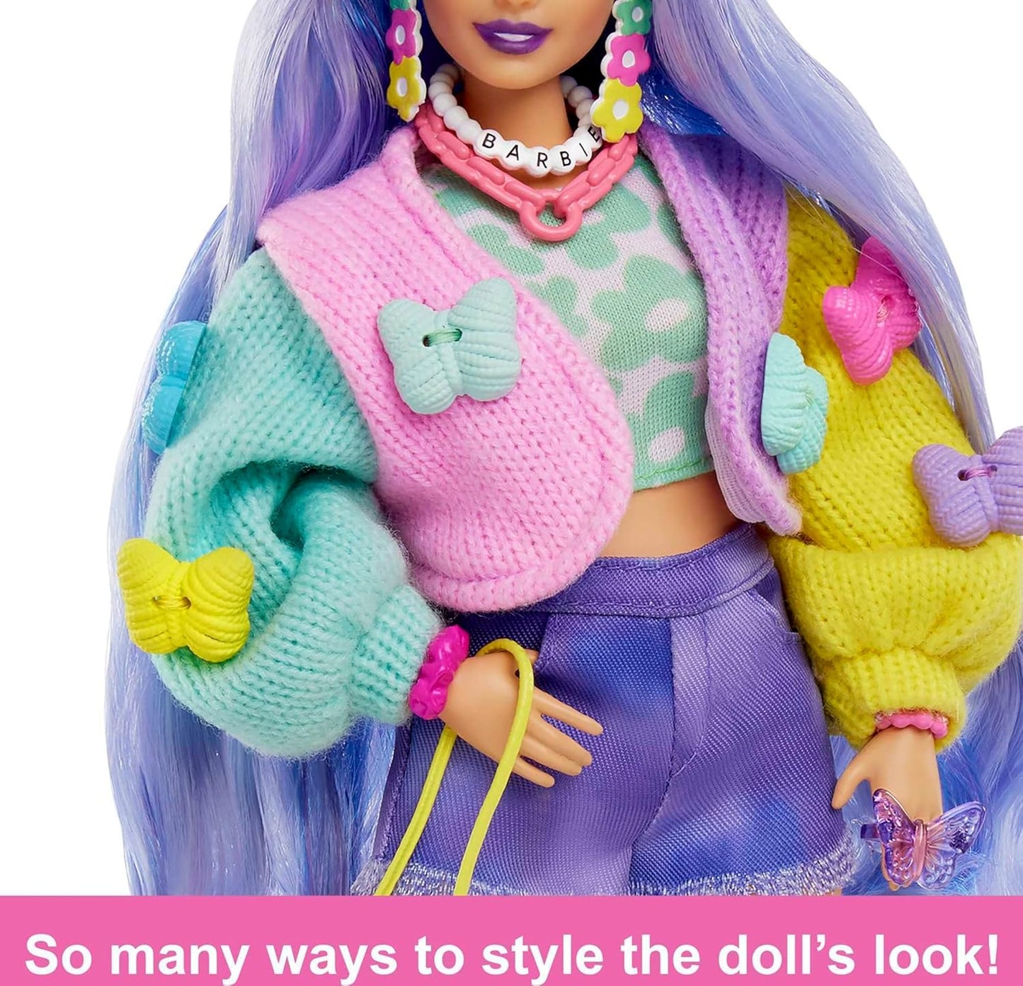 Barbie® Doll with Pet Koala, Extra, Kids Toys, Clothes and Accessories, Wavy Lavender Hair, Colorful Butterfly Sweater, Pink Boots