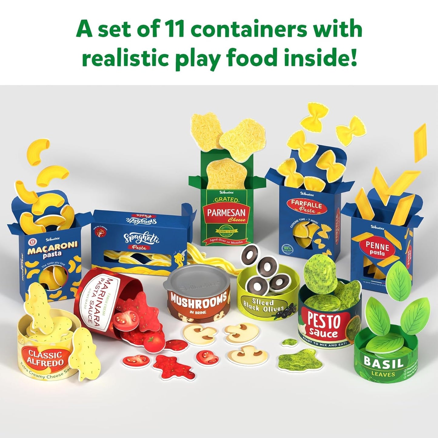 Skillmatics Pretend Play Pasta Set - 11 Containers, 120+ Play Food Items for Child's Play, Back-to-School Play Kitchen Accessories, Toy Kitchen, Gifts for Kids & Toddlers Ages 3, 4, 5, 6, 7