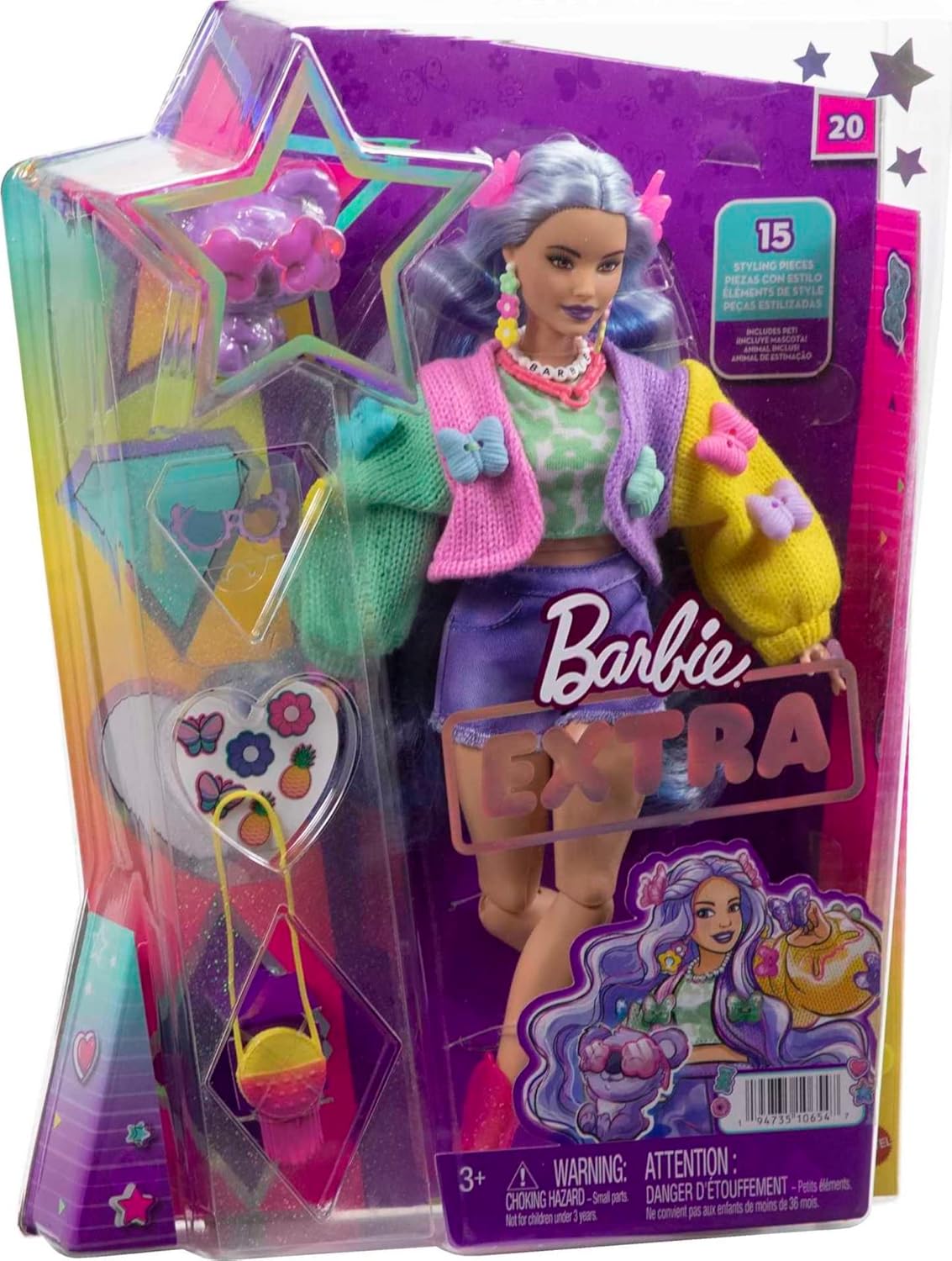 Barbie® Doll with Pet Koala, Extra, Kids Toys, Clothes and Accessories, Wavy Lavender Hair, Colorful Butterfly Sweater, Pink Boots