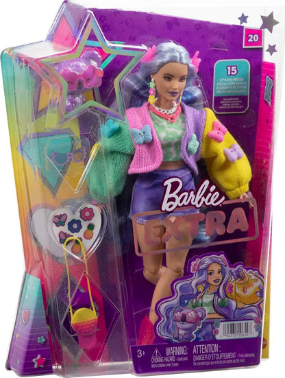 Barbie® Doll with Pet Koala, Extra, Kids Toys, Clothes and Accessories, Wavy Lavender Hair, Colorful Butterfly Sweater, Pink Boots