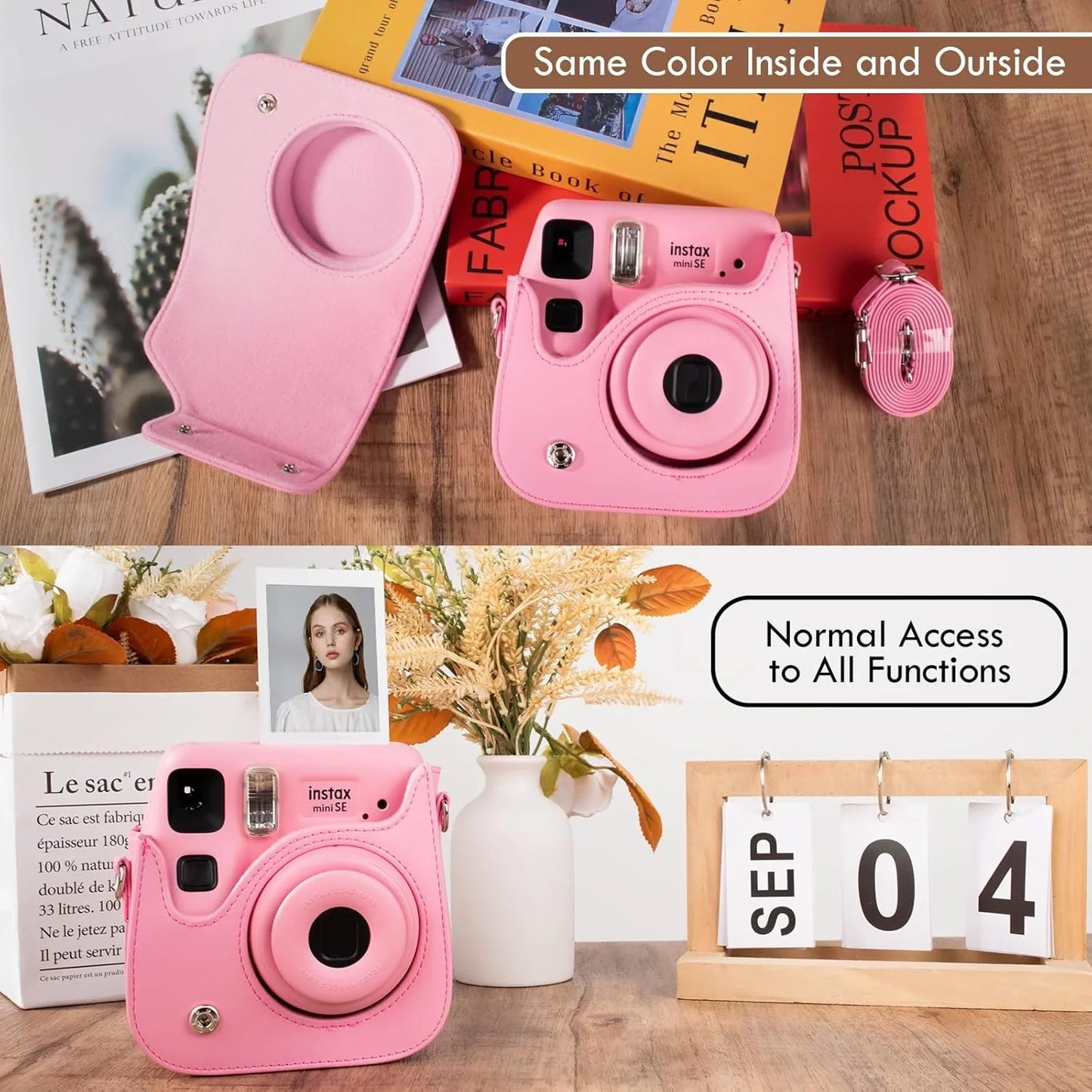 PU Leather Camera Case for Instax Mini SE – Protective Pouch with Adjustable Shoulder Strap - Pink - Jaiman Toys