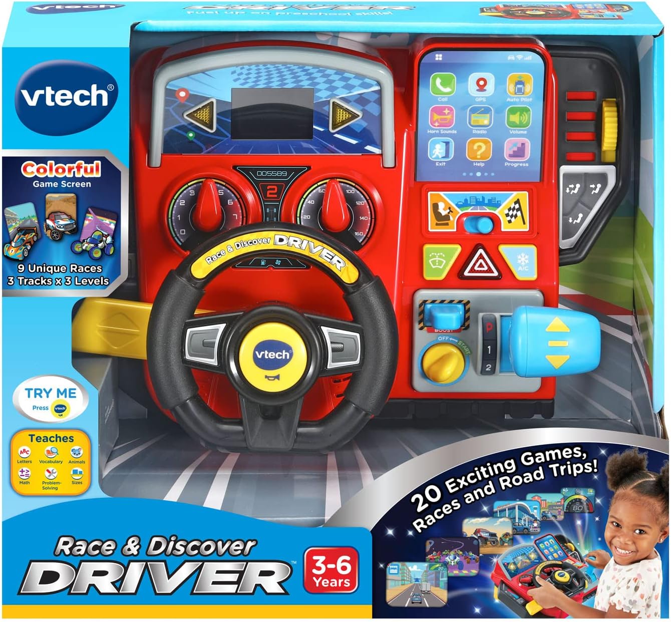 VTech Race & Discover Driver | Interactive Steering Wheel Toy with Lights, Sounds, Gear Shifter & Learning Activities | Educational Driving Toy for Kids