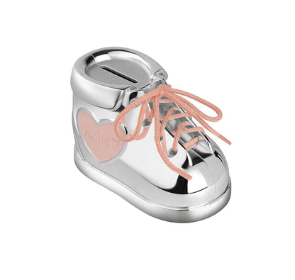 Momentz Baby Boot Money Bank Pink Silver | Decorative Baby Shoe Coin Bank, Piggy Bank & Nursery Keepsake Gift