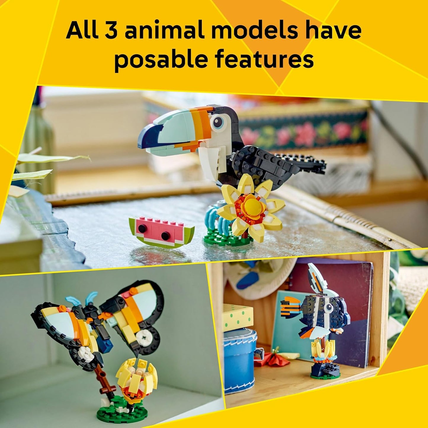 LEGO 31173 Creator 3-in-1 Tropical Toucan  Wild Animals Buildable Toucan, Butterfly & Fish, 225 Pieces
