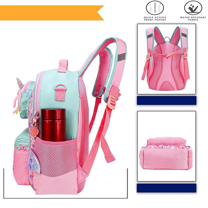 Unicorn School Backpack 15 Inch – Kids Cute Unicorn Wings School Bag for Girls with Side Bottle Pockets