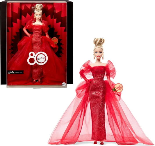 Barbie Signature Doll, Mattel 80th Anniversary Collectible in Glittery Red Tulle Gown with Drop Earrings and Sheer Gloves, Blonde Hair - Jaiman Toys