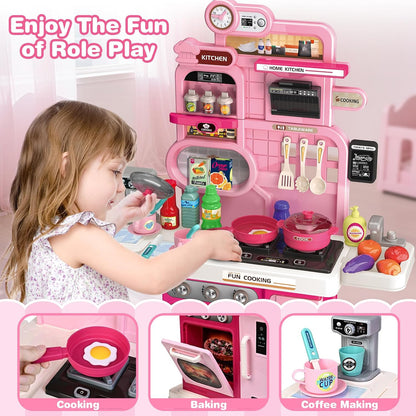 Mini Chef 56 PCS Kids Pretend Play Kitchen Set with Lights, Sounds, Cooking Stove, Sink & Accessories – Pink