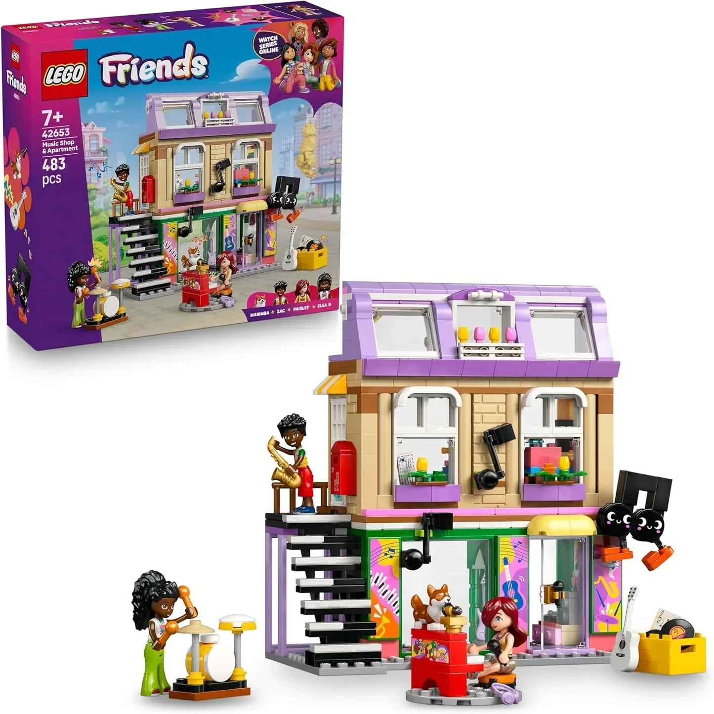 LEGO Friends 42653 Music Shop & Apartment Toy with 3 Mini Dolls, a Pet Corgi Animal Figure & Musical Instruments incl. a Piano, Drum Kit, Guitars & Accessories - Gift for 7+ Year Old Girls