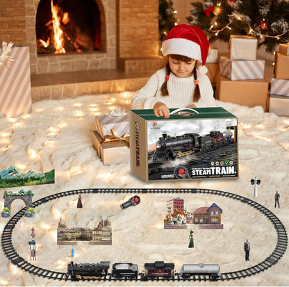 Classic Steam Train Set with Remote Control, Smoke, Whistle & Lights | Rechargeable Railway Toy with Cargo Cars & Tracks