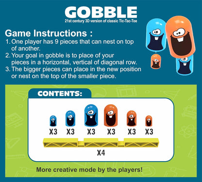 Tic Tac Toe Gobble Board Game | Fun Strategy Game for Kids 3+ | Classic XO Game with Cute Gobbler Pieces