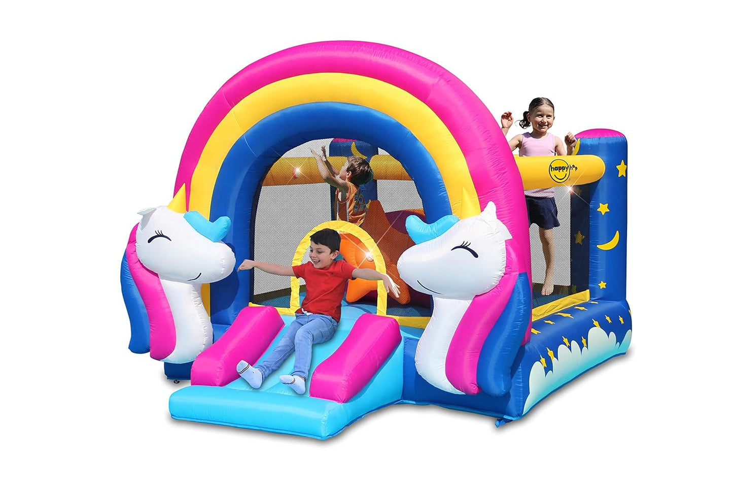 Happy Hop Fantasy Unicorn Inflatable Bouncy House with Slide, Lights & Sound | Kids Jumping Castle | Ages 3+