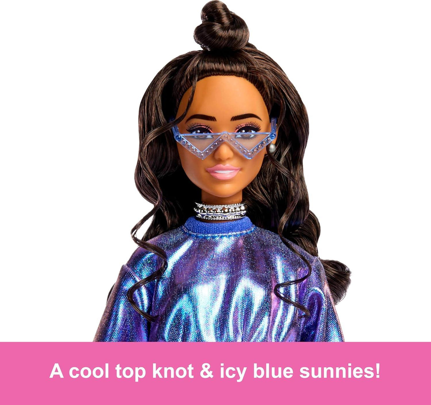 Barbie Deluxe Style Doll #7 – Metallic Blue Outfit, Wavy Brown Hair & Glam Accessories - Jaiman Toys