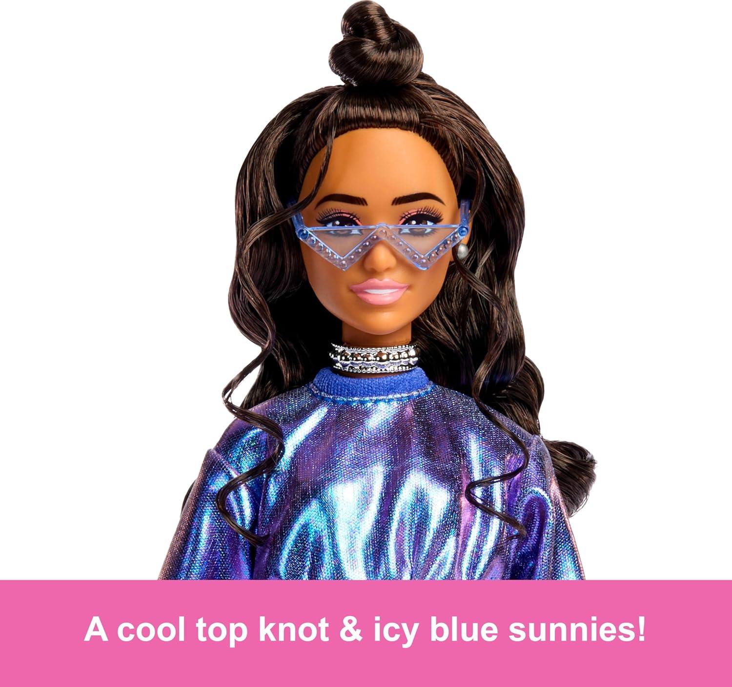 Barbie Deluxe Style Doll #7 – Metallic Blue Outfit, Wavy Brown Hair & Glam Accessories - Jaiman Toys