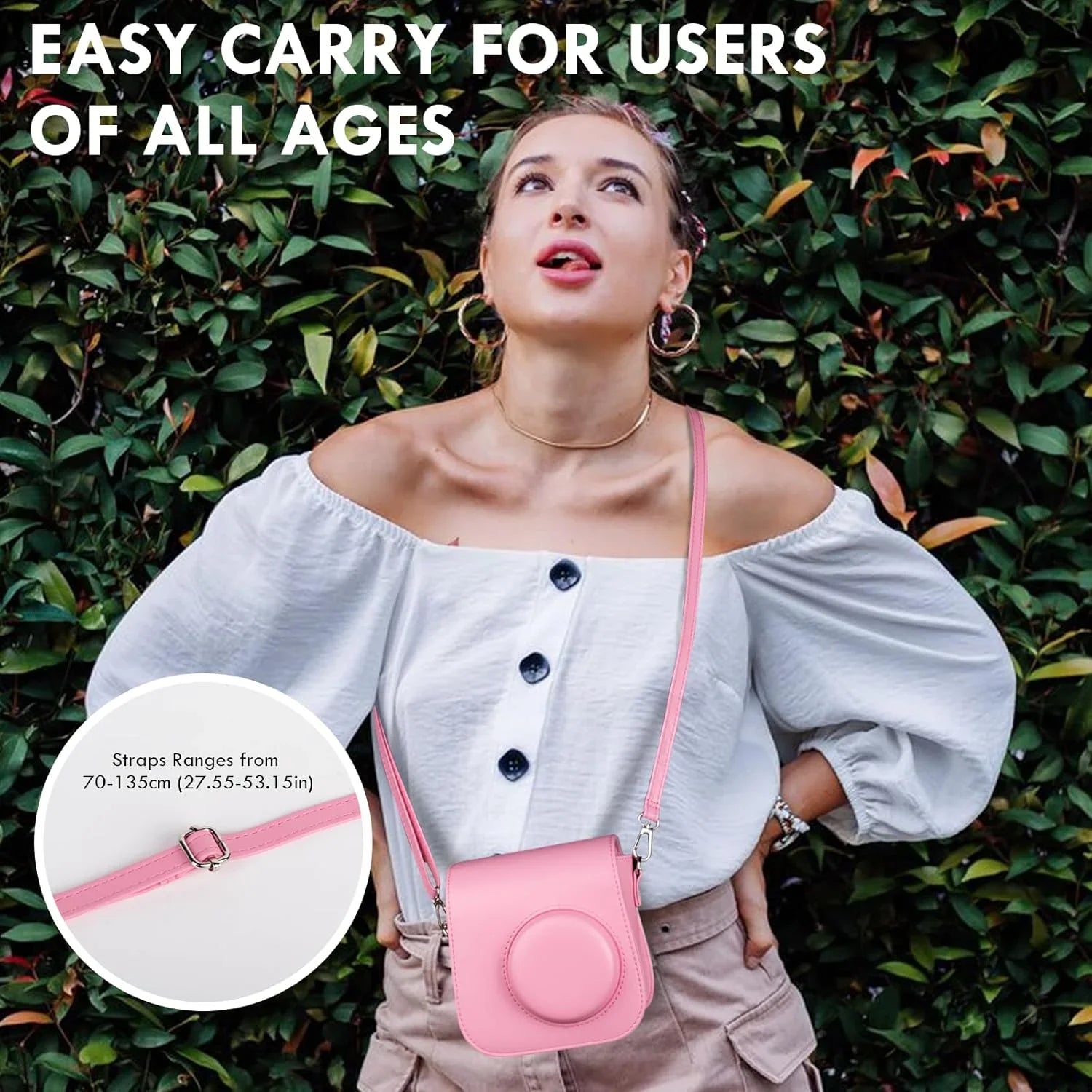 PU Leather Camera Case for Instax Mini SE – Protective Pouch with Adjustable Shoulder Strap - Pink - Jaiman Toys