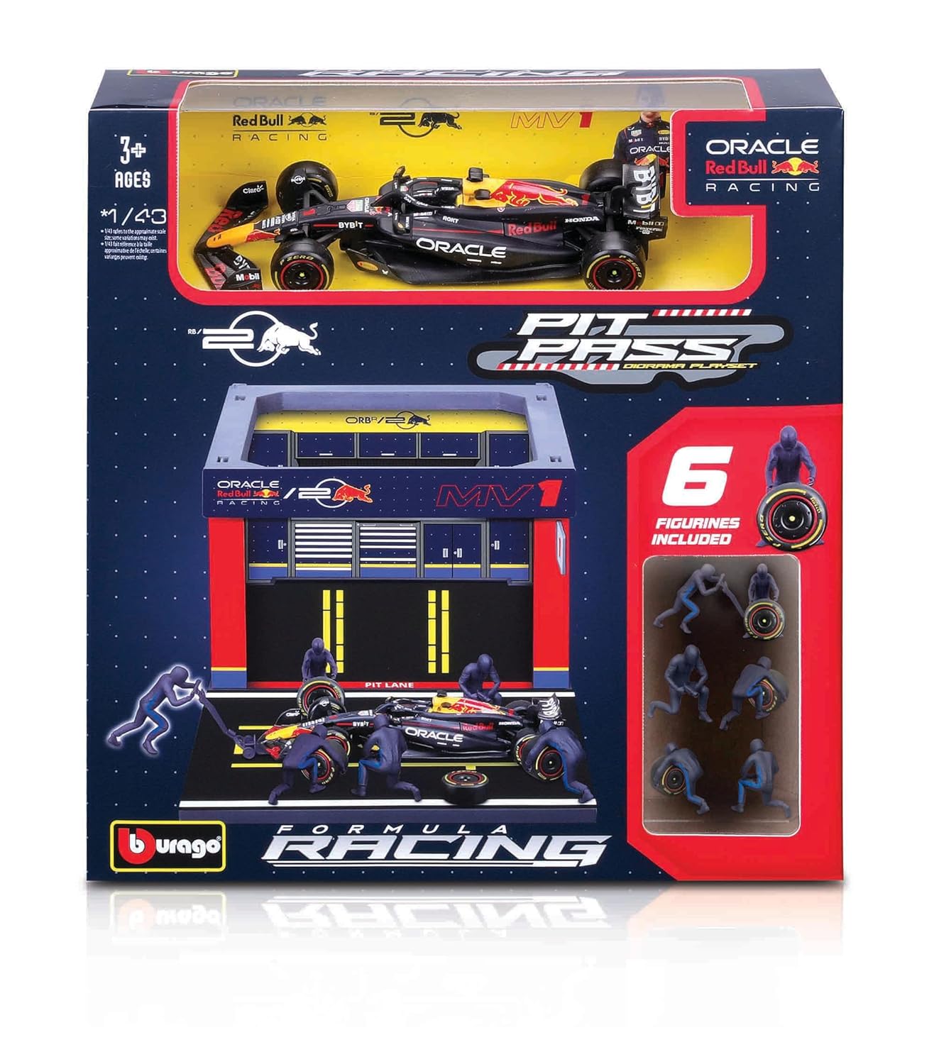 Bburago Oracle Red Bull Racing F1 Pit Pass Playset 1:43 Scale – RB19 Car with 6 Figures
