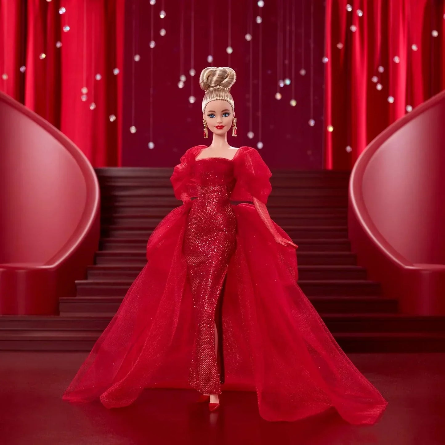 Barbie Signature Doll, Mattel 80th Anniversary Collectible in Glittery Red Tulle Gown with Drop Earrings and Sheer Gloves, Blonde Hair - Jaiman Toys
