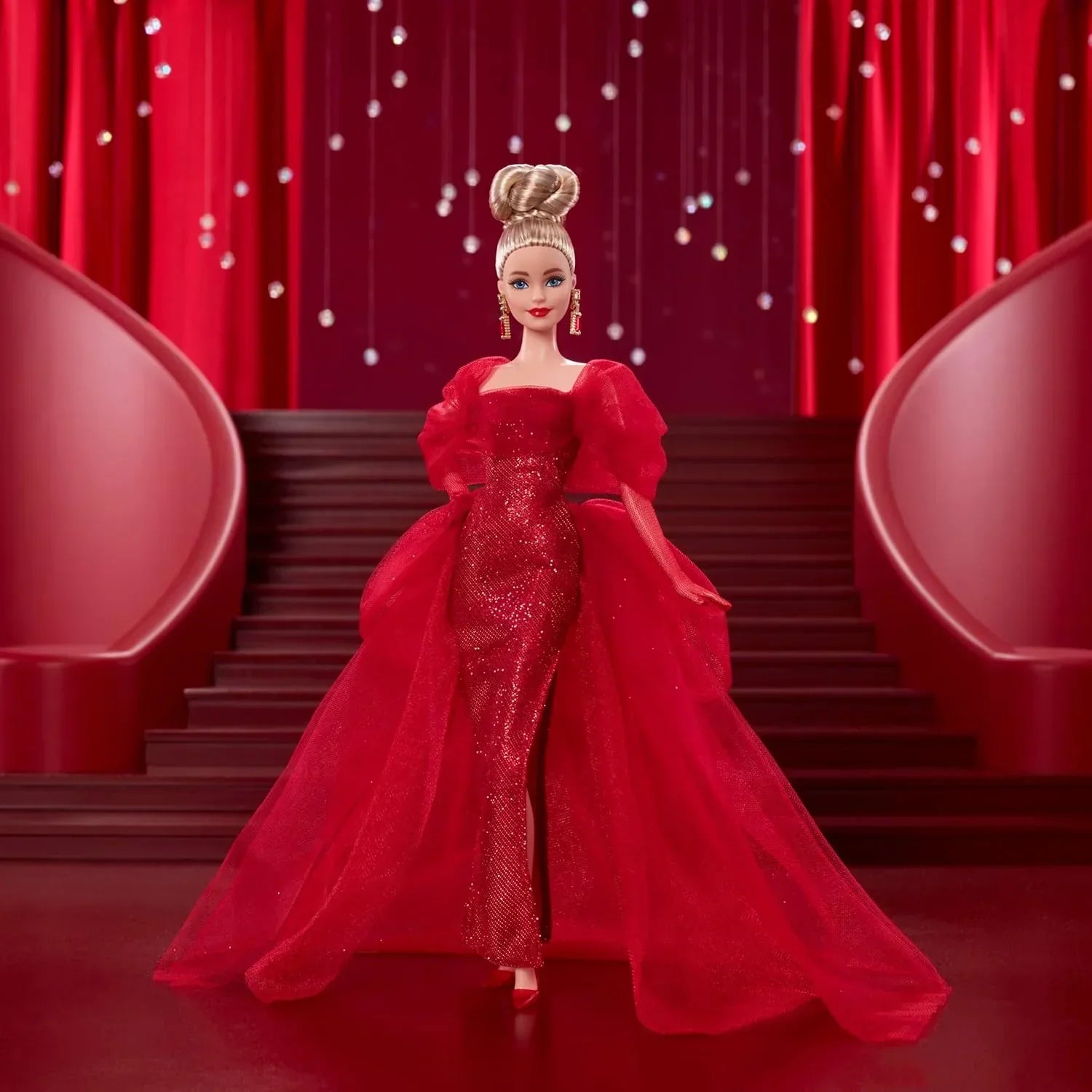 Barbie Signature Doll, Mattel 80th Anniversary Collectible in Glittery Red Tulle Gown with Drop Earrings and Sheer Gloves, Blonde Hair - Jaiman Toys