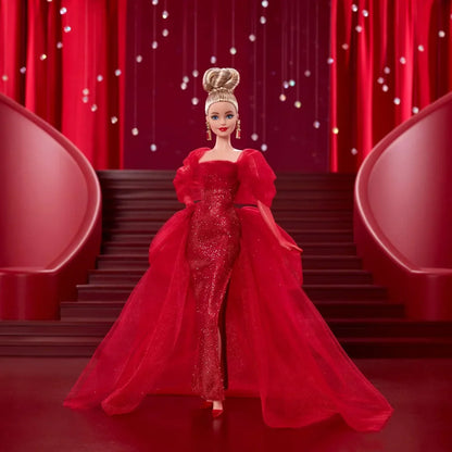 Barbie Signature Doll, Mattel 80th Anniversary Collectible in Glittery Red Tulle Gown with Drop Earrings and Sheer Gloves, Blonde Hair - Jaiman Toys
