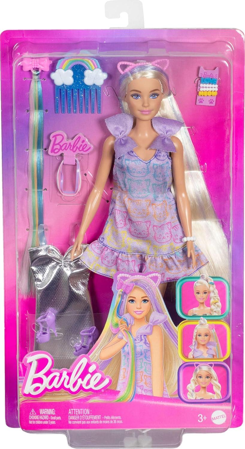 Barbie Fun & Fancy Blonde Fashion Doll – Extra-Long Hair, 2 Stylish Looks, Silver Metallic Dress & Colorful Hair Extension, Doll & Accessories Gift Set - Jaiman Toys