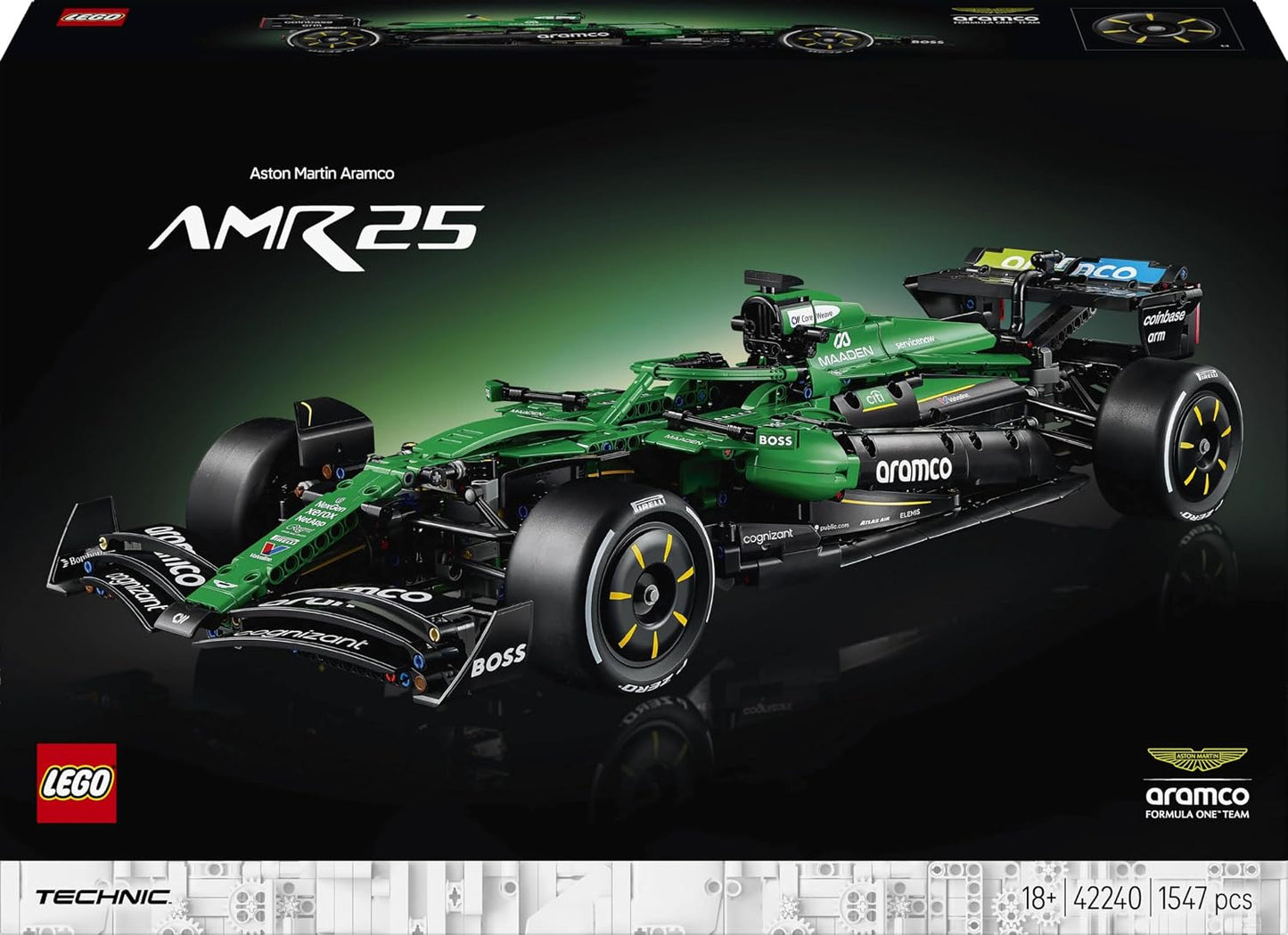 LEGO Technic 42240 Aston Martin Aramco AMR25 F1 Car 1:8 Scale Building Set for Adults, 1547 Pieces