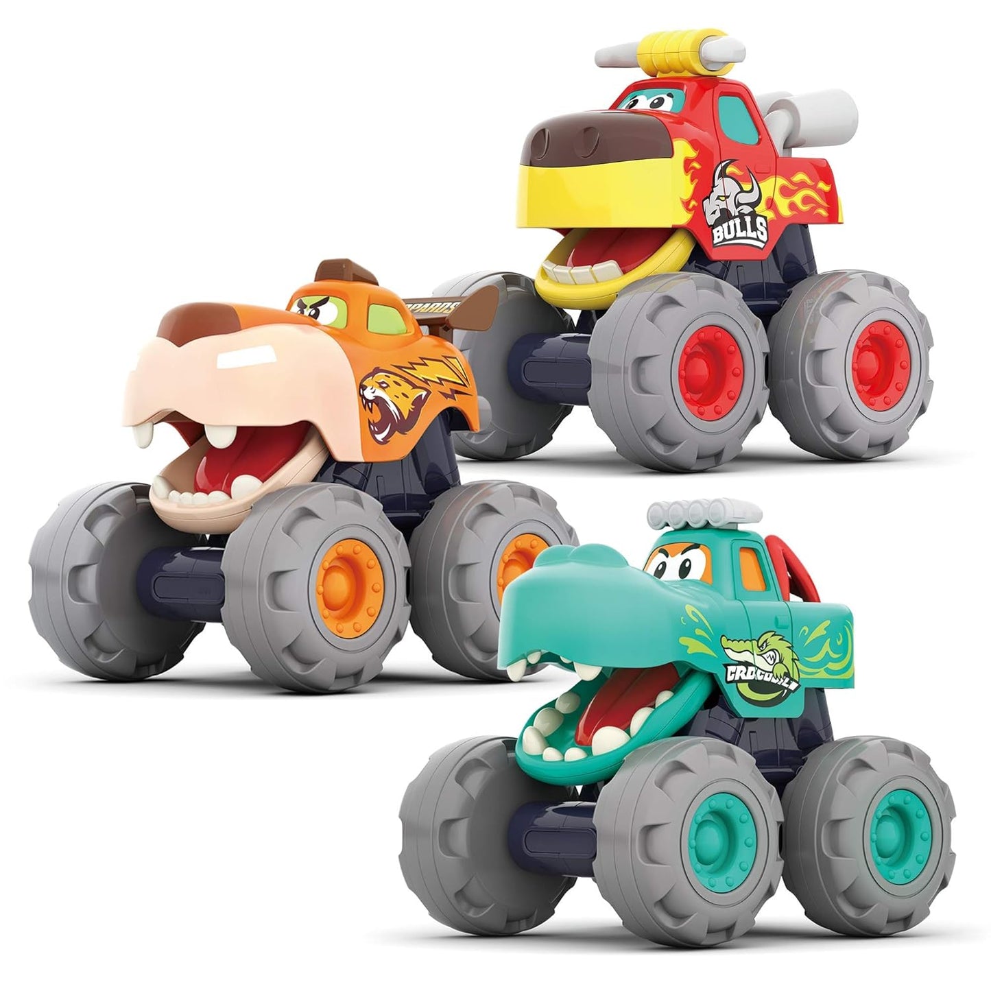 Hola Monster Trucks Toy Set – 3 Cartoon Push & Go Trucks for Toddlers (Pull-Back, Friction Powered, 12–60 Months)