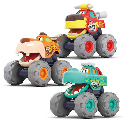 Hola Monster Trucks Toy Set – 3 Cartoon Push & Go Trucks for Toddlers (Pull-Back, Friction Powered, 12–60 Months)
