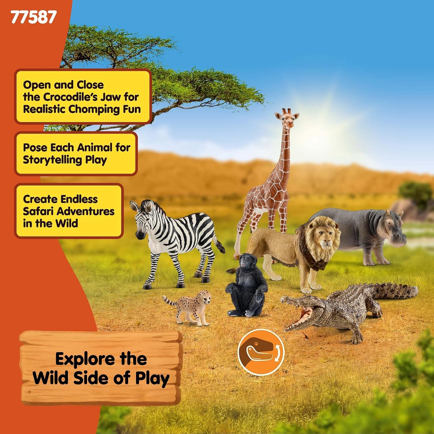 Schleich Wild Life - 7PC Savannah Animal Toy Bundle | 77763 | African Wildlife Playset, Zebra Giraffe Monkey Alligator Cheetah Hippo Lion Figurines