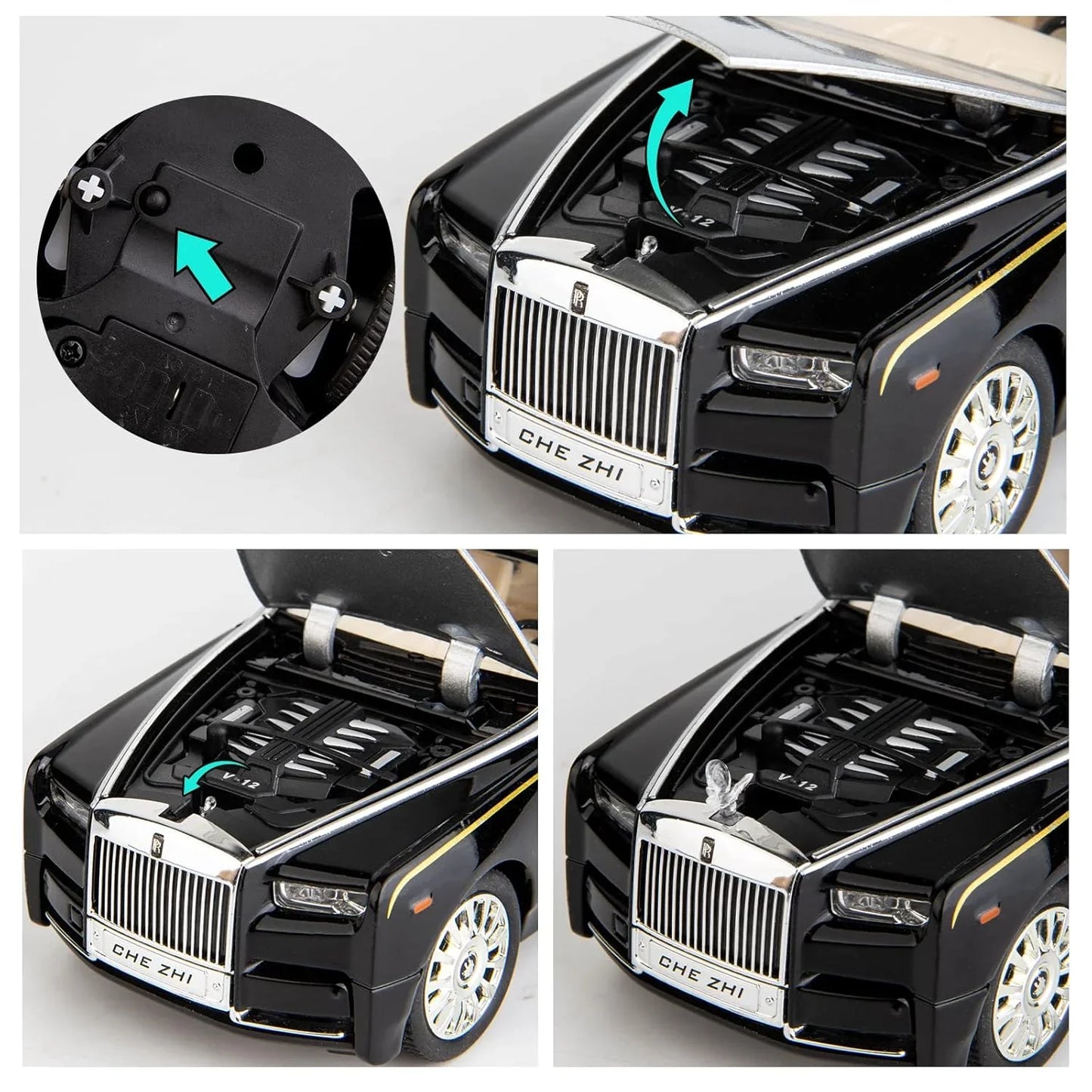 Che-ZHI  1:24 Scale Rolls-Royce Phantom Die-Cast Black Model with Lights and Sounds