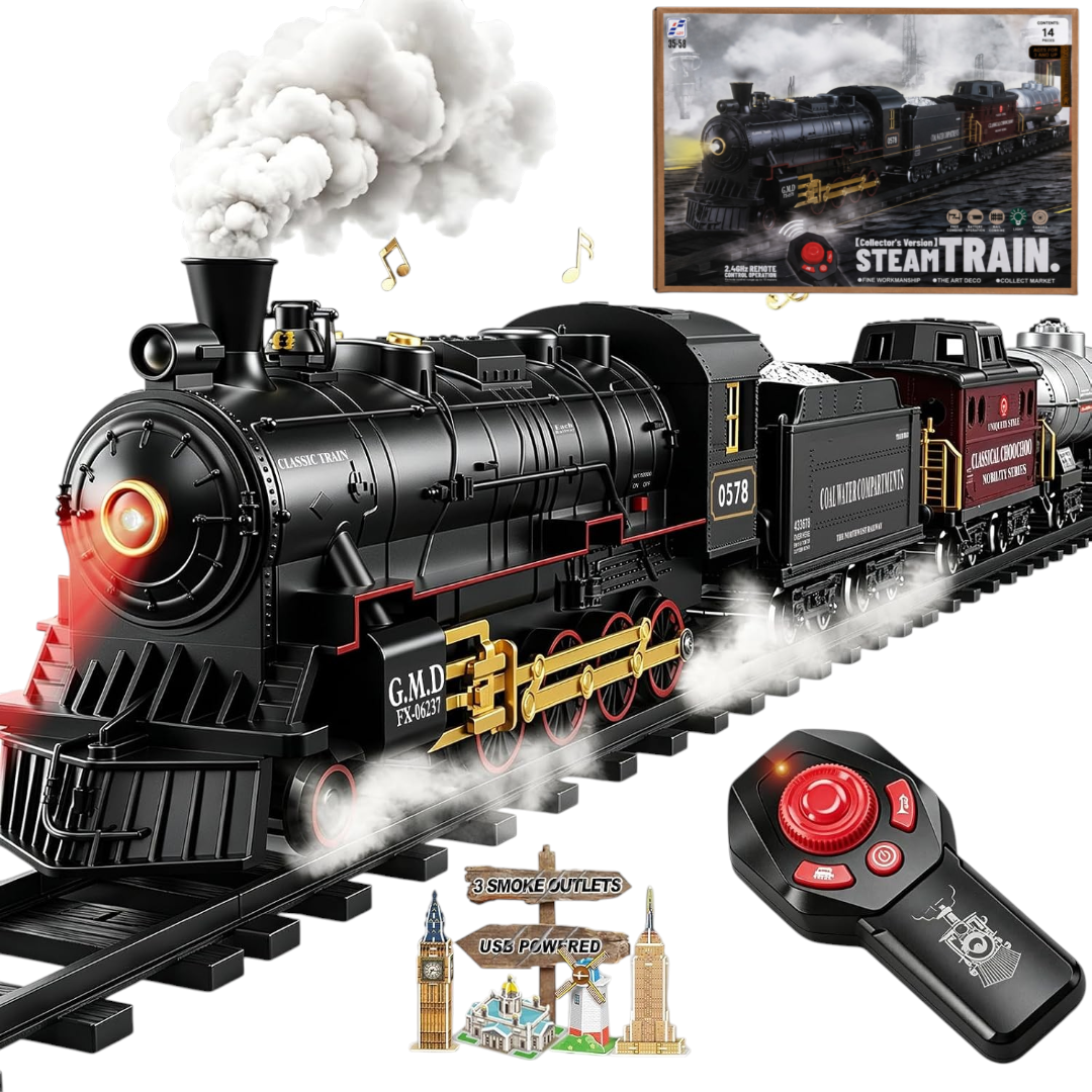 Classic Steam Train Set with Remote Control, Smoke, Whistle & Lights | Rechargeable Railway Toy with Cargo Cars & Tracks
