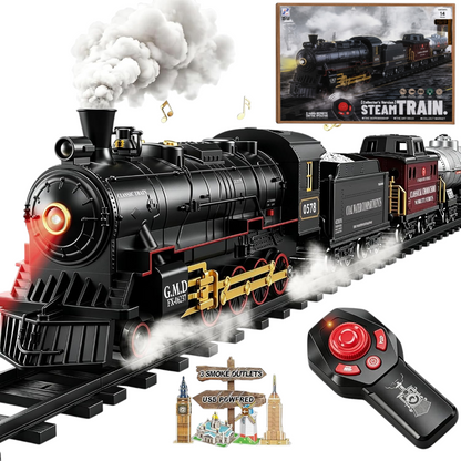 Classic Steam Train Set with Remote Control, Smoke, Whistle & Lights | Rechargeable Railway Toy with Cargo Cars & Tracks