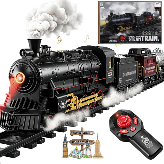Classic Steam Train Set with Remote Control, Smoke, Whistle & Lights | Rechargeable Railway Toy with Cargo Cars & Tracks