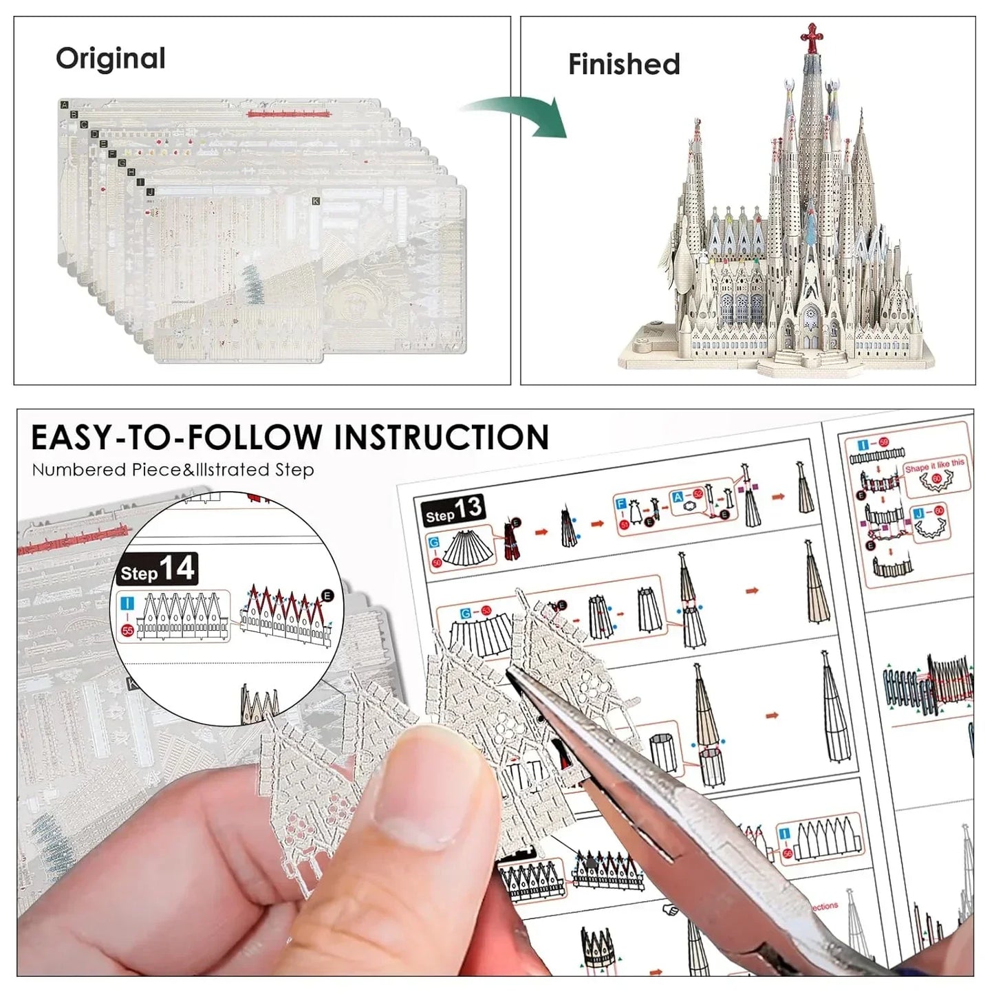 Piececool  3D Metal Puzzle La Sagrada Familia Cathedral Model – 450 Pieces – Level 6 Difficulty – Stainless Steel DIY Architecture Model Kit