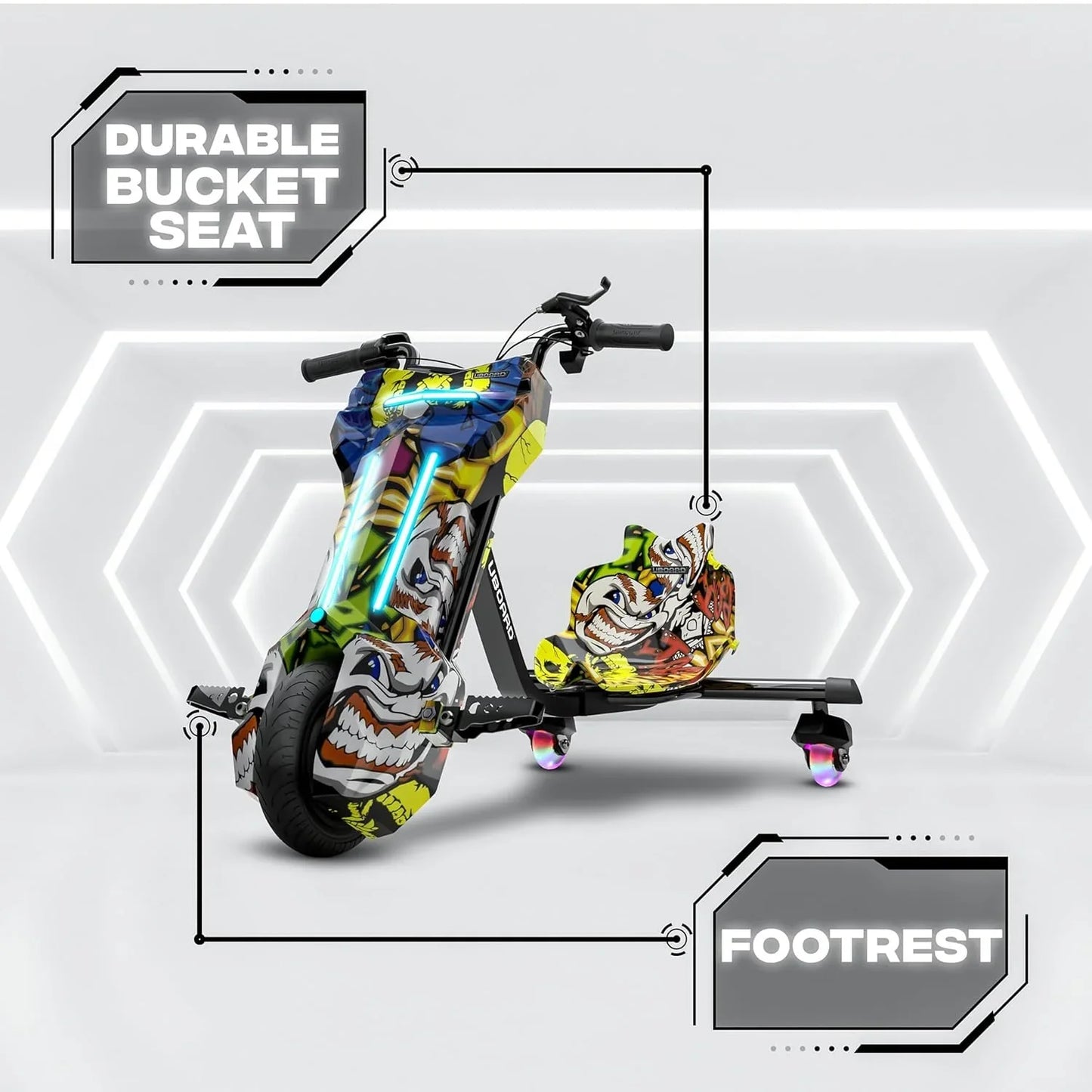 Uboard Multicolored 3-Wheel Drifter for Kids 6+: LED Lights, Bluetooth, Front Disc Brakes - Jaiman Toys