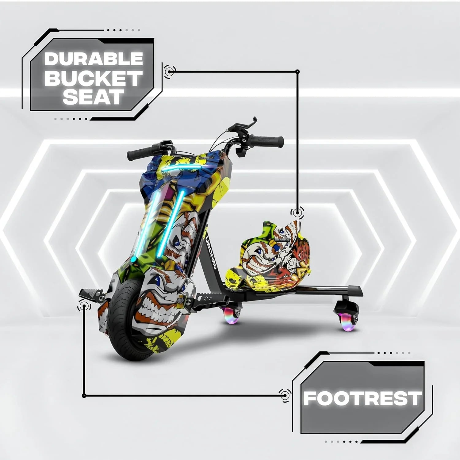 Uboard Multicolored 3-Wheel Drifter for Kids 6+: LED Lights, Bluetooth, Front Disc Brakes - Jaiman Toys