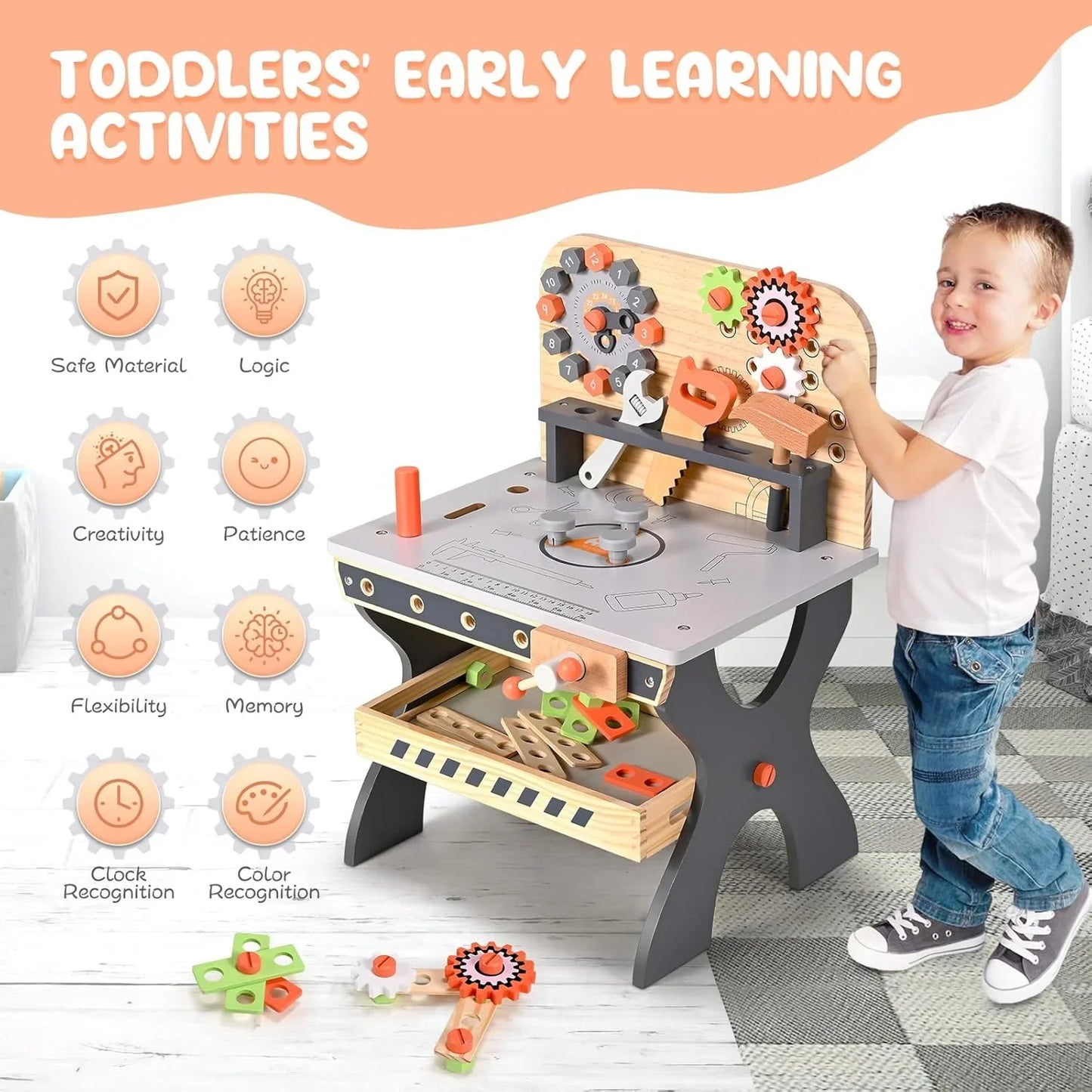 Junior Builders Wooden Tool Bench – Pretend Play Workstation with Tools for Kids, 3+ - Jaiman Toys