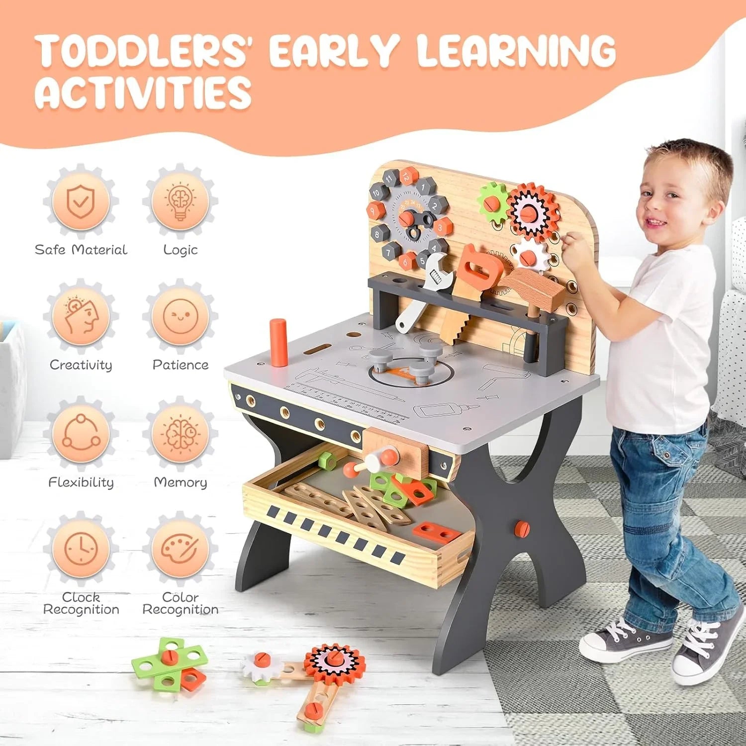 Junior Builders Wooden Tool Bench – Pretend Play Workstation with Tools for Kids, 3+ - Jaiman Toys