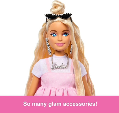 Barbie Deluxe Style Doll #3 in Barbiecore Outfit, Blond Hair in Top Knot, Pink Pastel Dress with Oversized Bow and Accessories Like Mesh Tights - Jaiman Toys