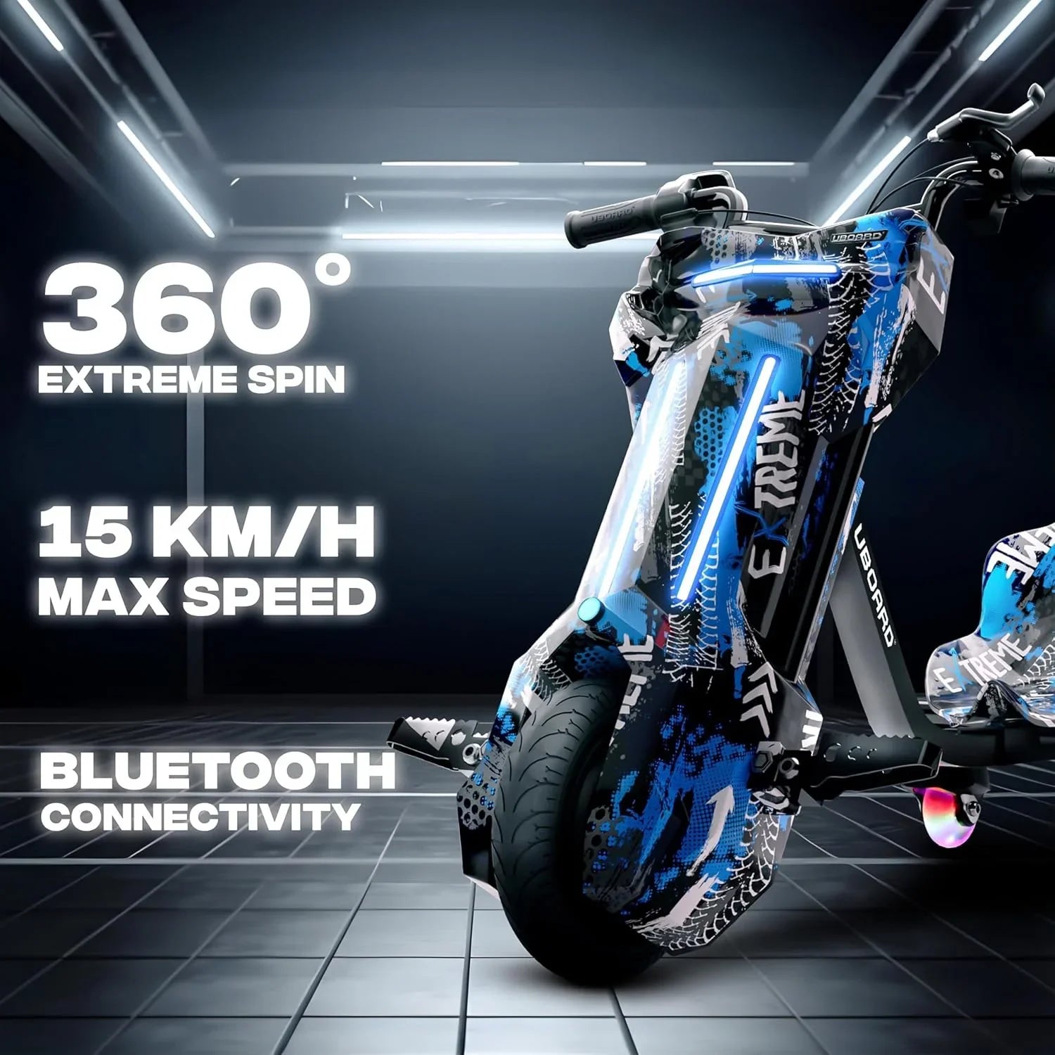 Uboard Blue 3-Wheel Drifter for Kids 6+: LED Lights, Bluetooth Front Disc Brakes - Jaiman Toys