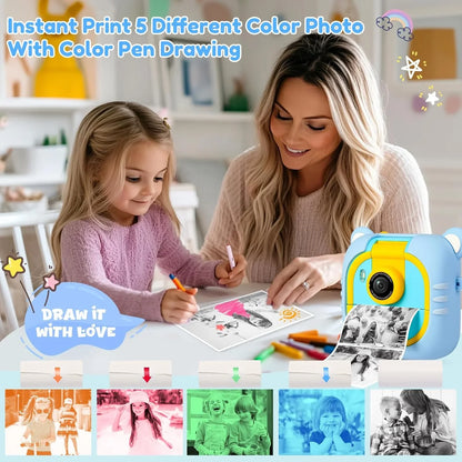 Instant Print Kids Camera – 48MP 1080P Digital Video Toy with Rotating Lens
