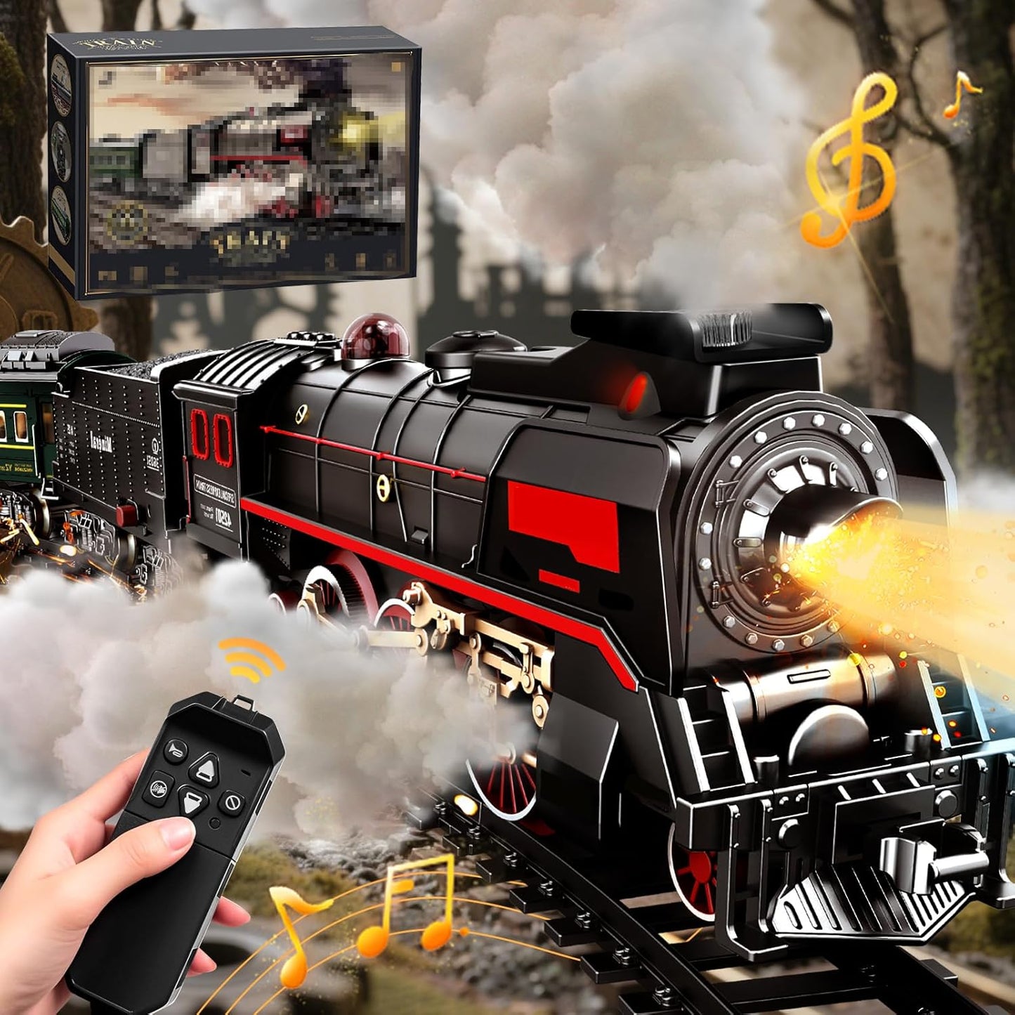 FENMING Classic Steam Train Set with Smoke, Lights & Track Layout | Battery Operated Railway Toy