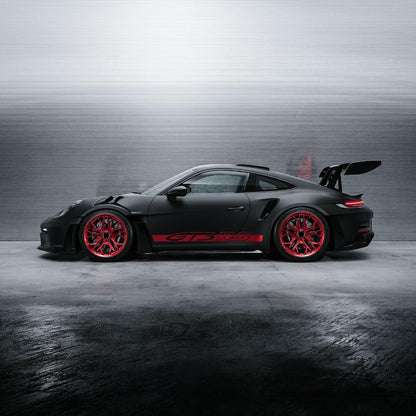Bburago 1:43 Porsche 911 GT3 RS Die-Cast Model Car | Metal Collectible Sports Car with Red Wheels, Racing Graphics & Display Base – Black, Ages 14+