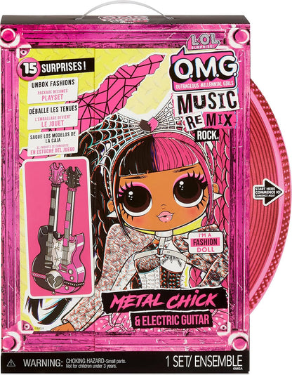 LOL Surprise OMG Remix Rock Metal Chick Fashion Doll with 15 Surprises Including Electric Guitar, Outfit, Shoes, Stand, Lyric Magazine & Record Player Playset- Gift Toys for Girls Boys Ages 4 5 6 7+