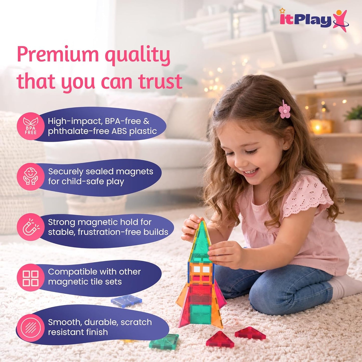 ItPlay Magnetic Tiles 34 Pieces Set for Kids | STEM Educational Magnetic Building Blocks Construction Toy