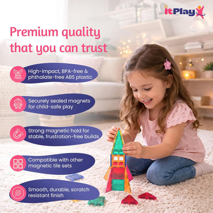 ItPlay Magnetic Tiles 34 Pieces Set for Kids | STEM Educational Magnetic Building Blocks Construction Toy