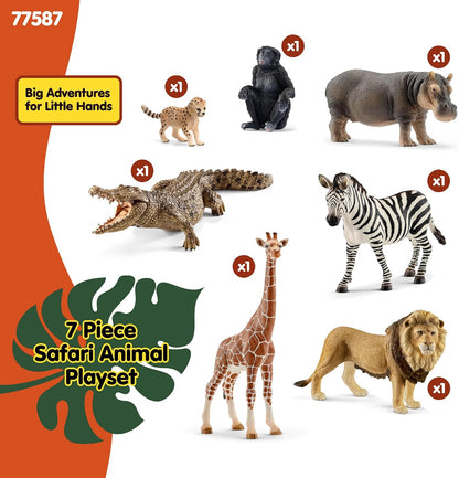 Schleich Wild Life - 7PC Savannah Animal Toy Bundle | 77763 | African Wildlife Playset, Zebra Giraffe Monkey Alligator Cheetah Hippo Lion Figurines