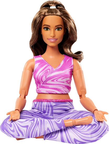 Barbie Made to Move Fashion Doll with Curvy Body, Brunette Hair & 22 Articulated Joints | Pink Sports Top & Purple Yoga Pants
