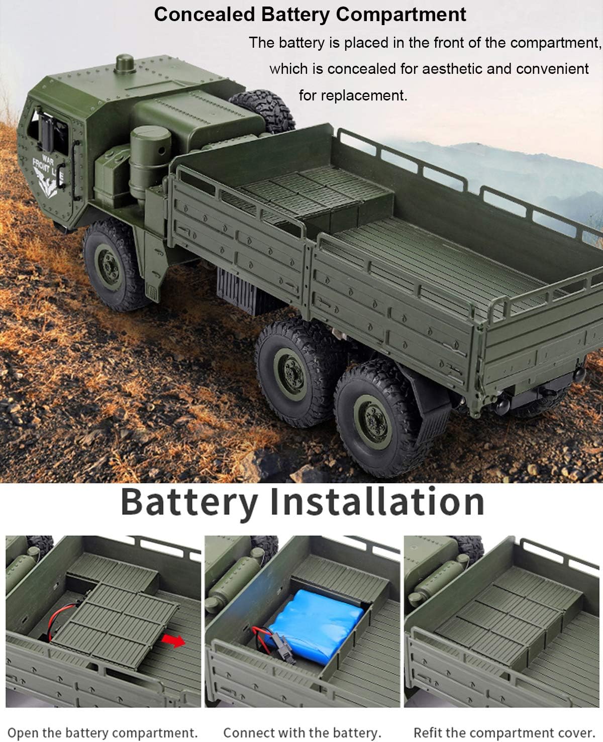 Military Transporter RC Truck 6WD | 2.4G Off-Road Army Cargo Vehicle with LED Lights (RTR)