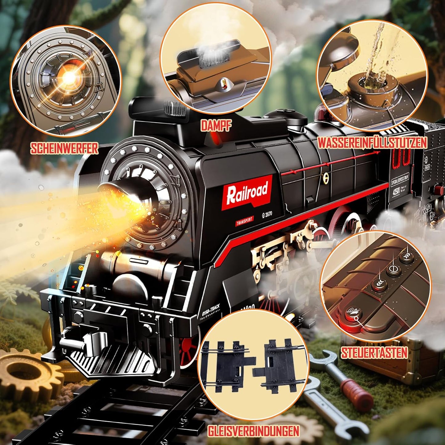 FENMING Classic Steam Train Set with Smoke, Lights & Track Layout | Battery Operated Railway Toy