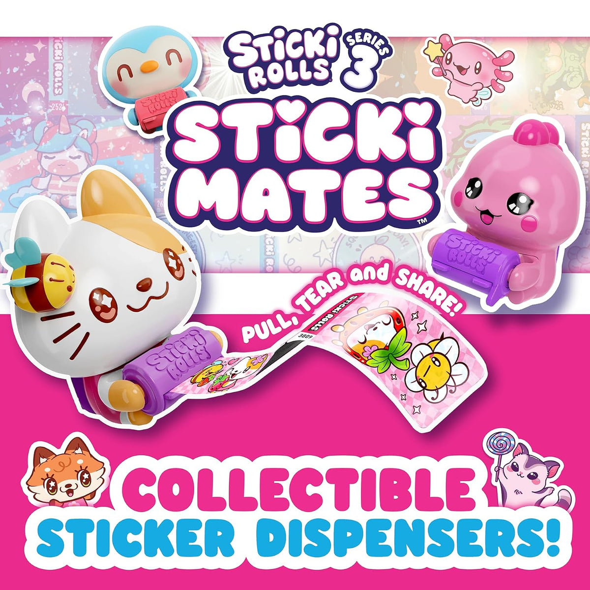 STICKI ROLLS Sticki Mates Blind Box Charm – Collectible Sticker Dispenser | Mystery Collectible, 5 Sticki Rolls, 50 Holographic Stickers, Built-In Sticker...