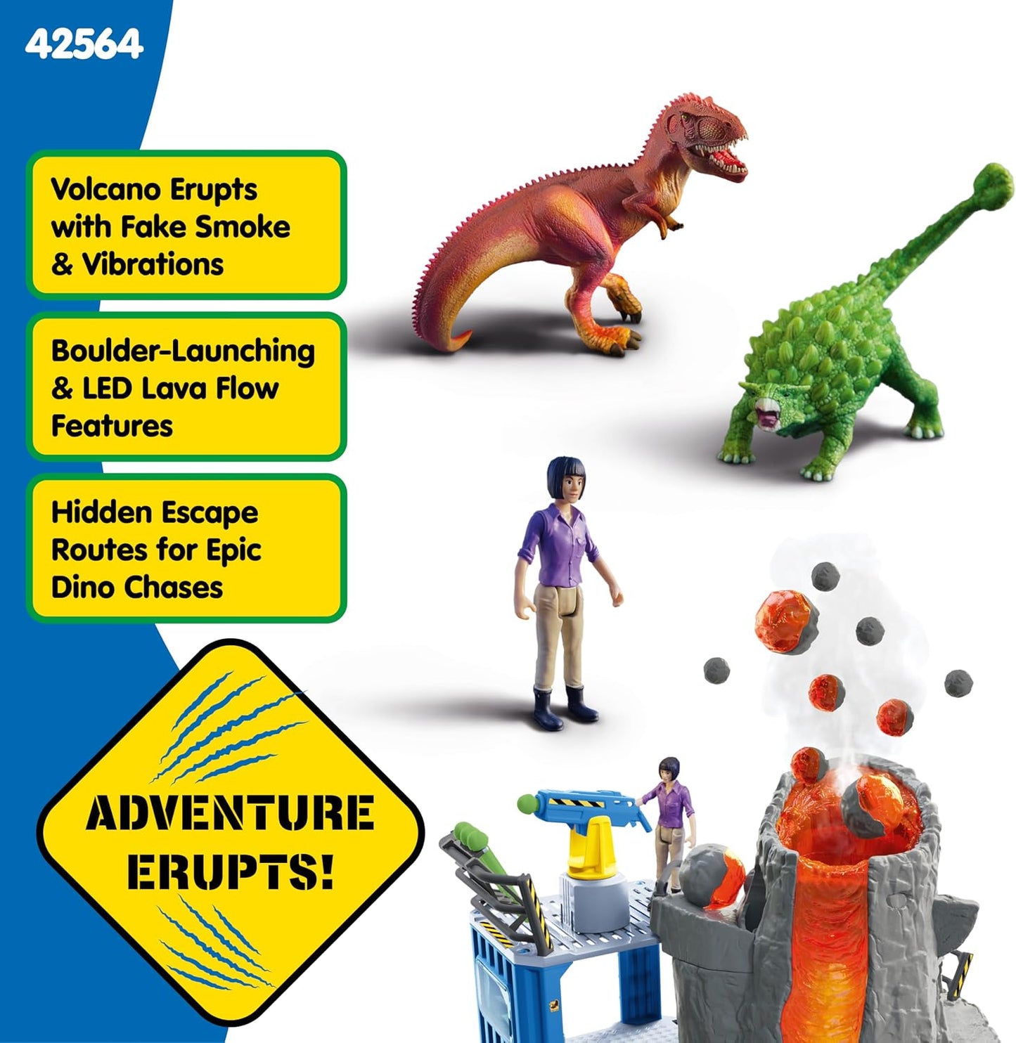 Schleich Dinosaurs - 60PC Volcano Expedition Base Camp Playset - Dinosaur Toy Playset with LED, Smoke Erupting, Dino Figurines for Boys and Girls - Interactive for Kids Ages 5+ | 42564